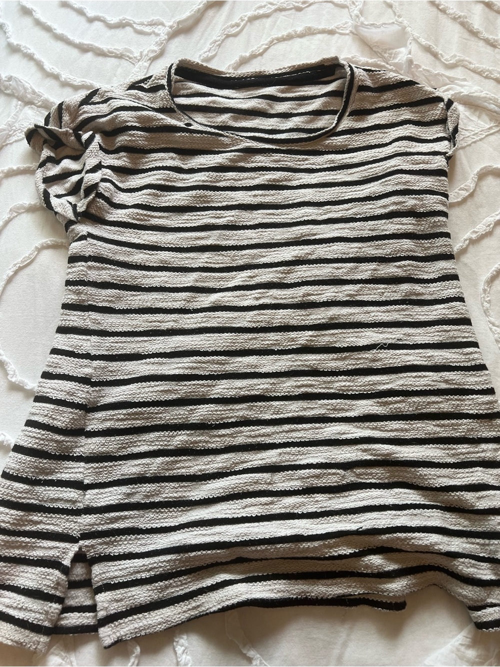 Striped Short-Sleeve Knit Top - Black & Cream
